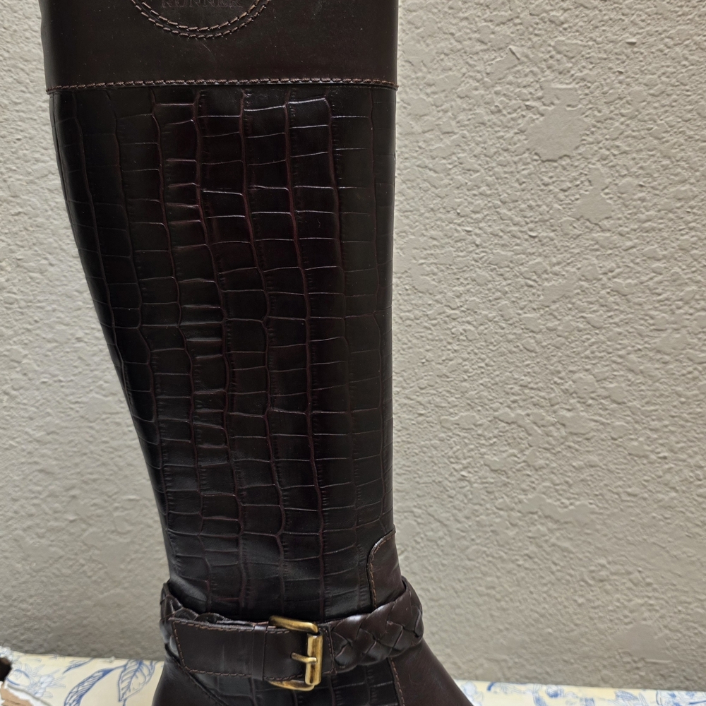 Croco-Embossed Over-the-Knee Riding Boot - Dark Brown